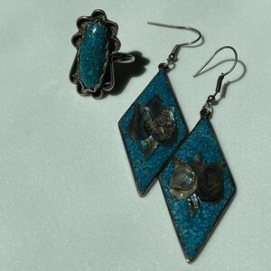 Vintage Turquoise w/ Abalone Set, Earrings and Ring, Size 6